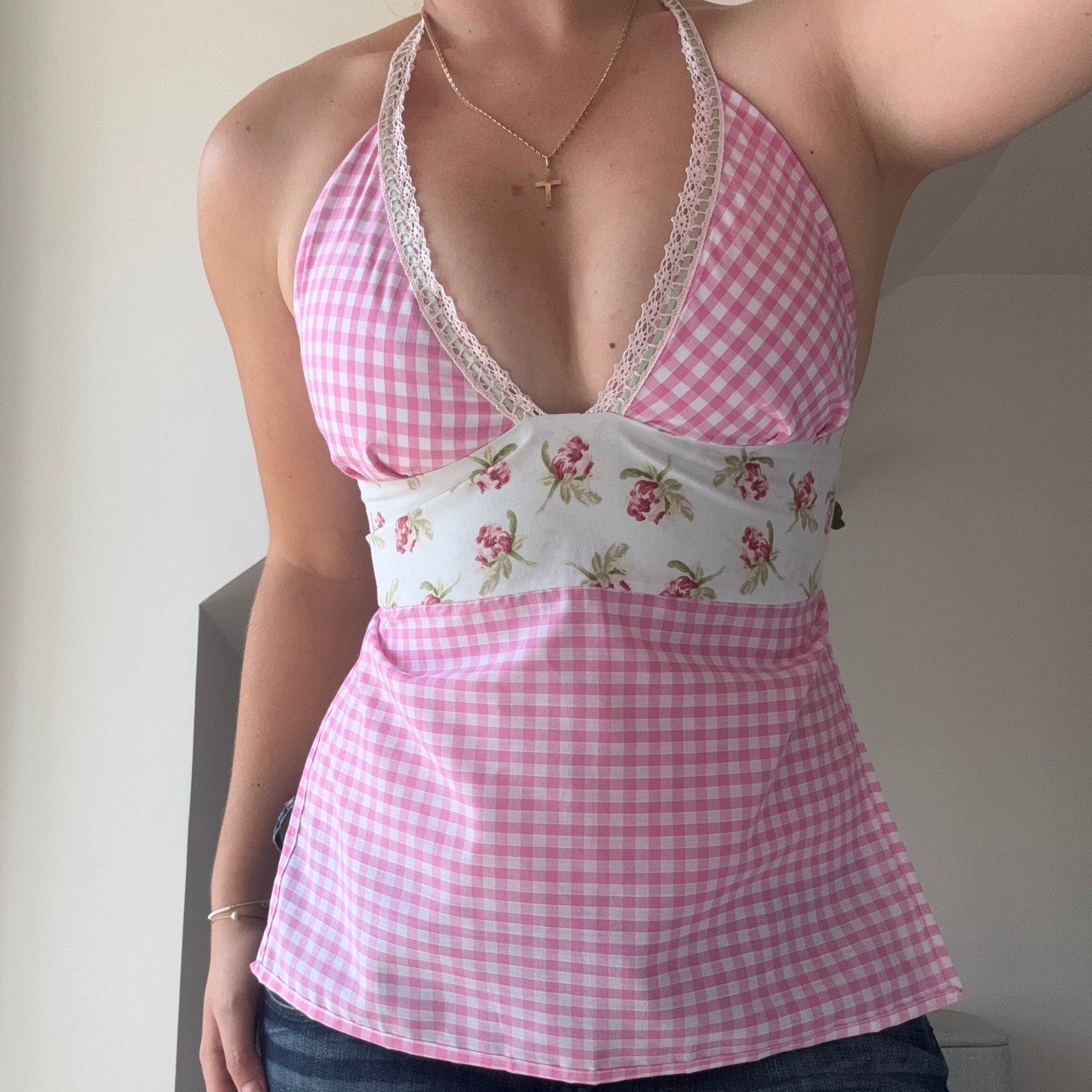 Halterneck Tie Up Top - Gingham Floral