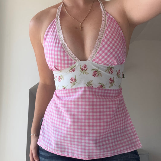 Halterneck Tie Up Top - Gingham Floral
