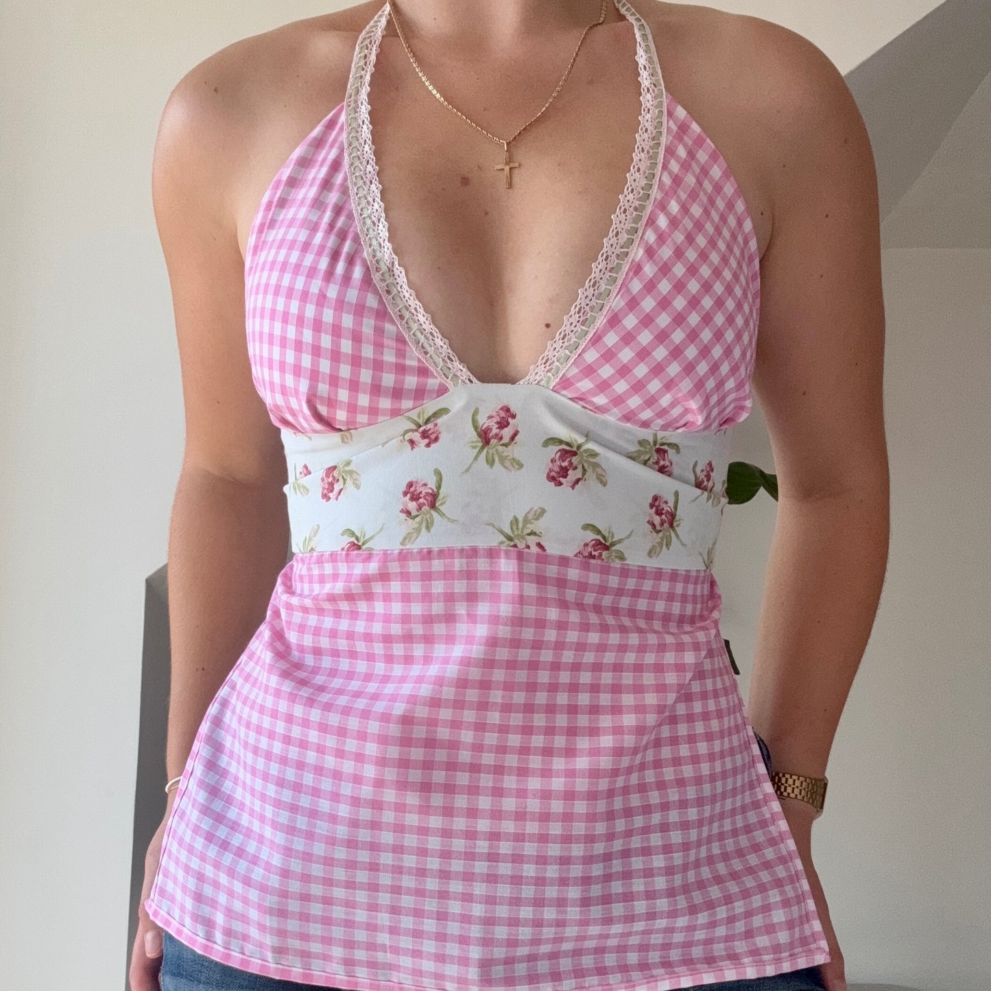 Halterneck Tie Up Top - Gingham Floral
