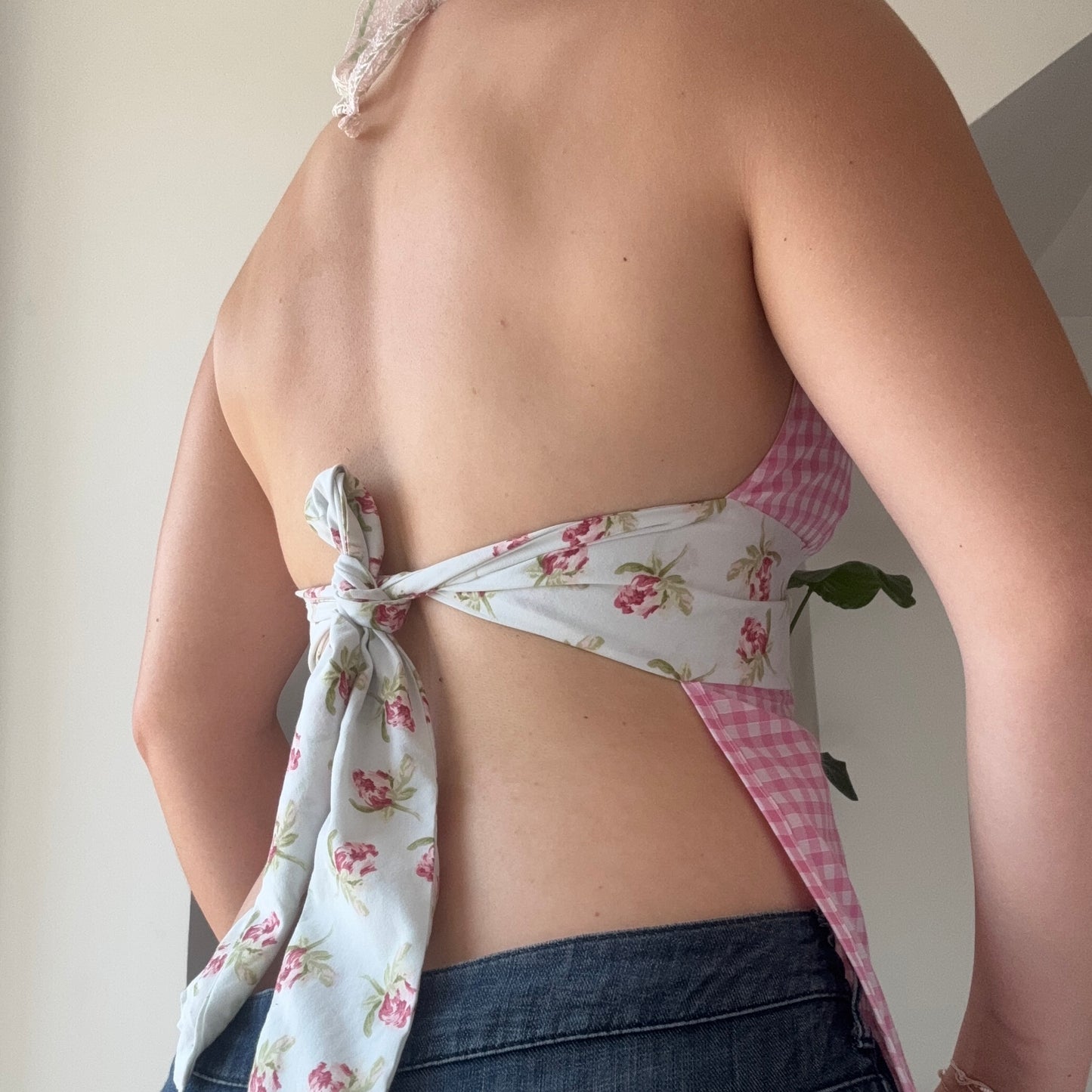 Halterneck Tie Up Top - Gingham Floral