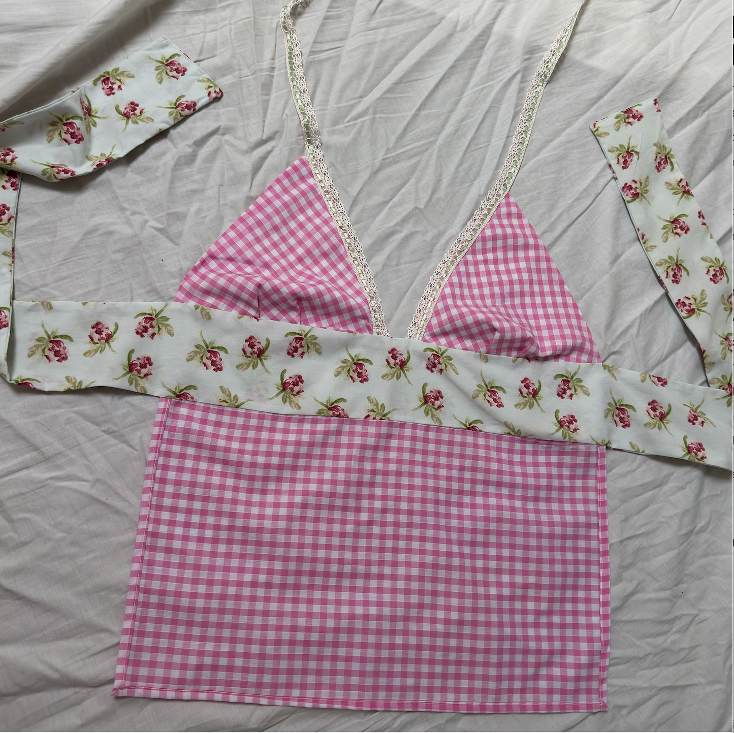 Halterneck Tie Up Top - Gingham Floral